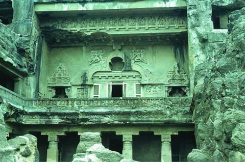 ancient elora caves with green tint