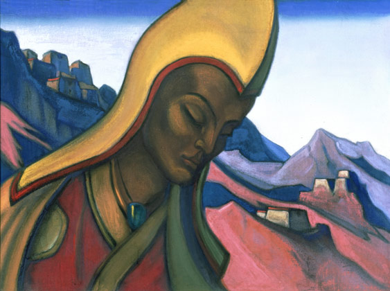 Painting of a stylized figure in a yellow headdress against a colourful mountain landscape.
